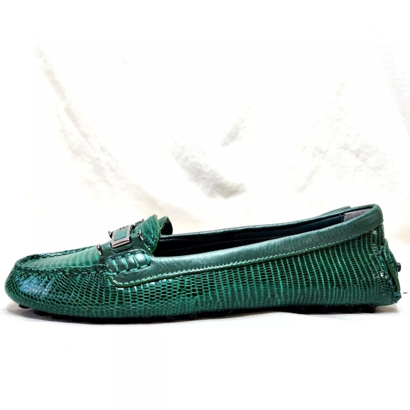 TORY BURCH Green Snakeskin Driving Mocs Loafers Sz 8.5 Leather Driver Flats - Picture 4 of 13